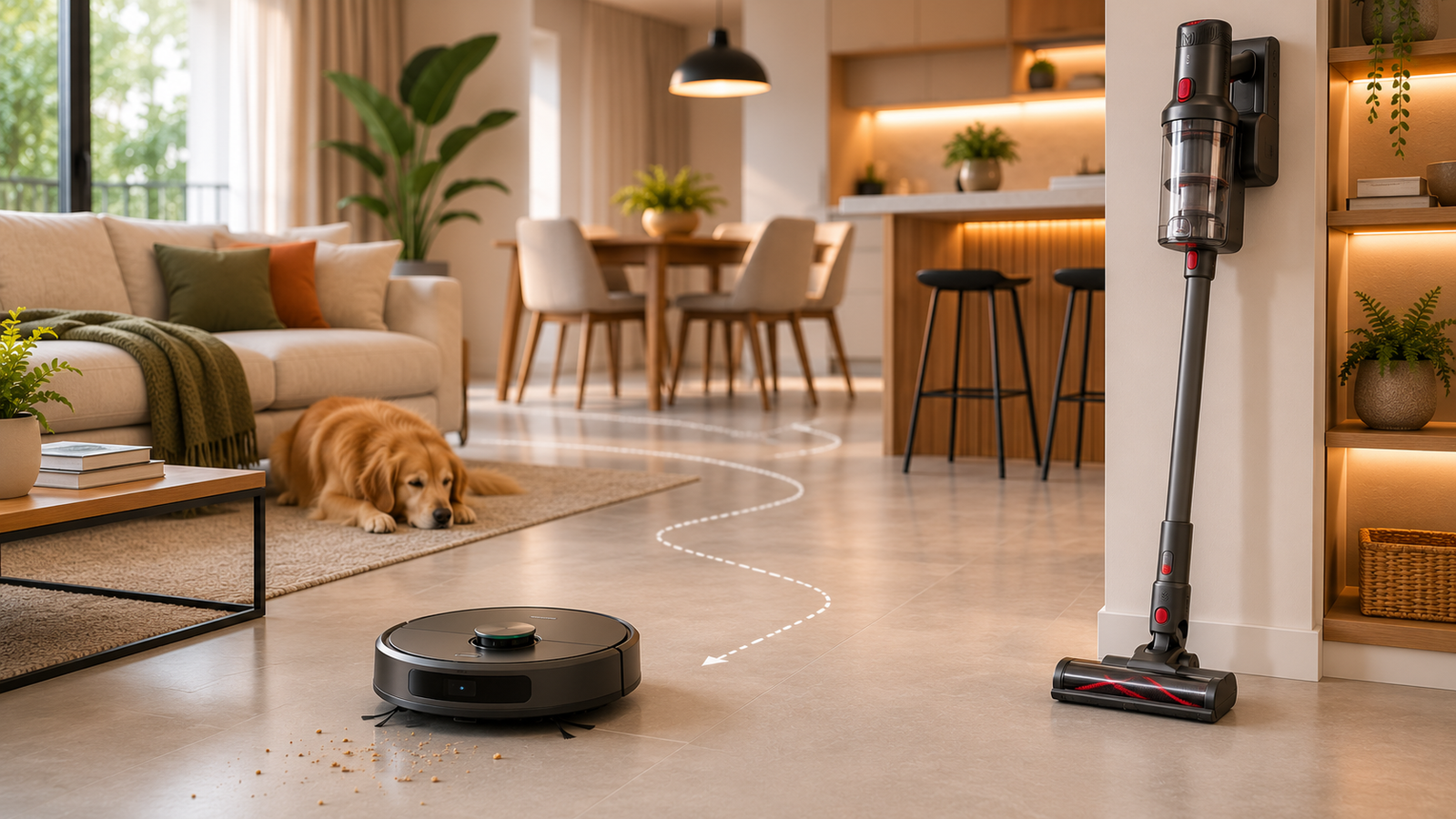 Robô aspirador limpando sala e cozinha integradas em conceito aberto enquanto aspirador vertical permanece carregando na parede.