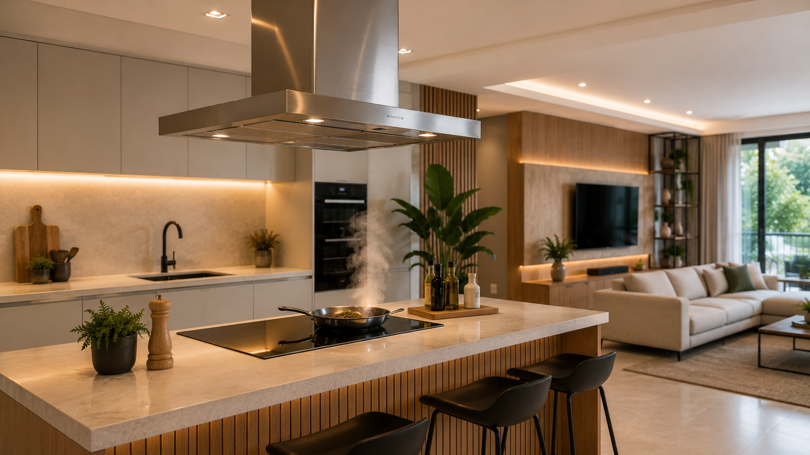 Coifa de ilha instalada sobre cooktop em cozinha integrada à sala de estar em ambiente de conceito aberto.
